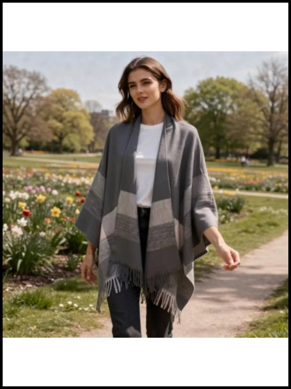 Oversized Open Front Poncho Cape Shawl Wrap Tassel Fringe Cozy Cardigan